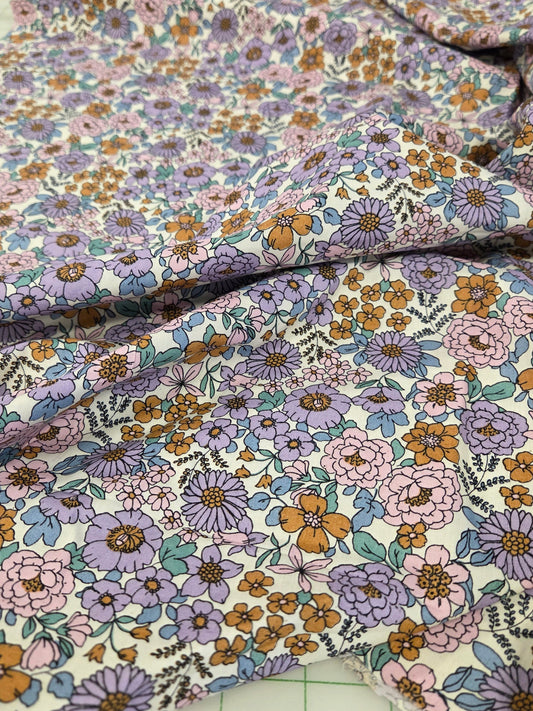 Designer Deadstock Vintage Floral Purple and Mustard OEKO TEX Cotton Spandex Poplin - by the yard