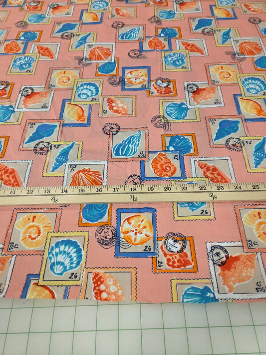 Designer Deadstock Cotton Poplin Postcard Stamp Shells Woven- by the yard