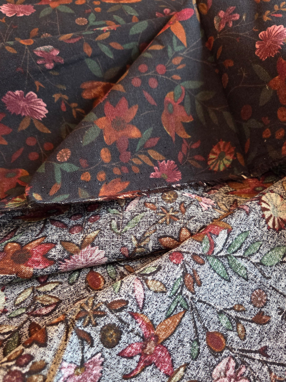 Cotton Linen Dark Navy Autumn Meadow Burgundy Florals Woven- by the yard