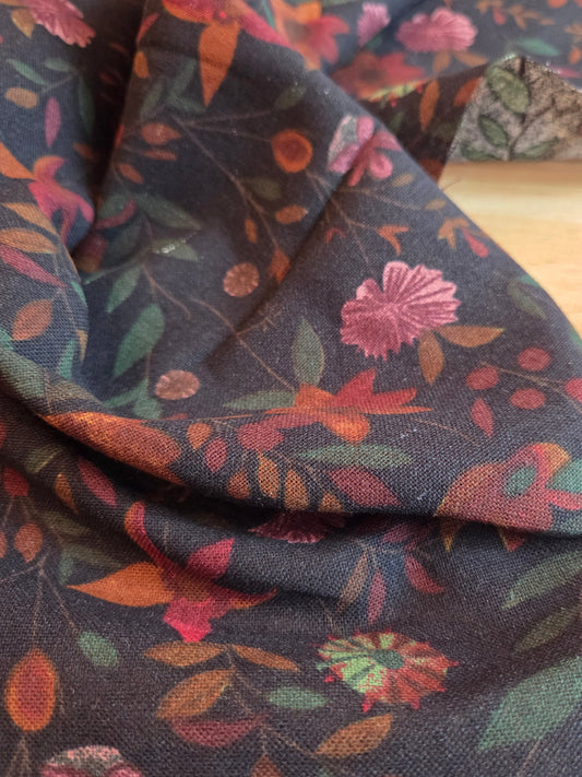 Cotton Linen Dark Navy Autumn Meadow Burgundy Florals Woven- by the yard