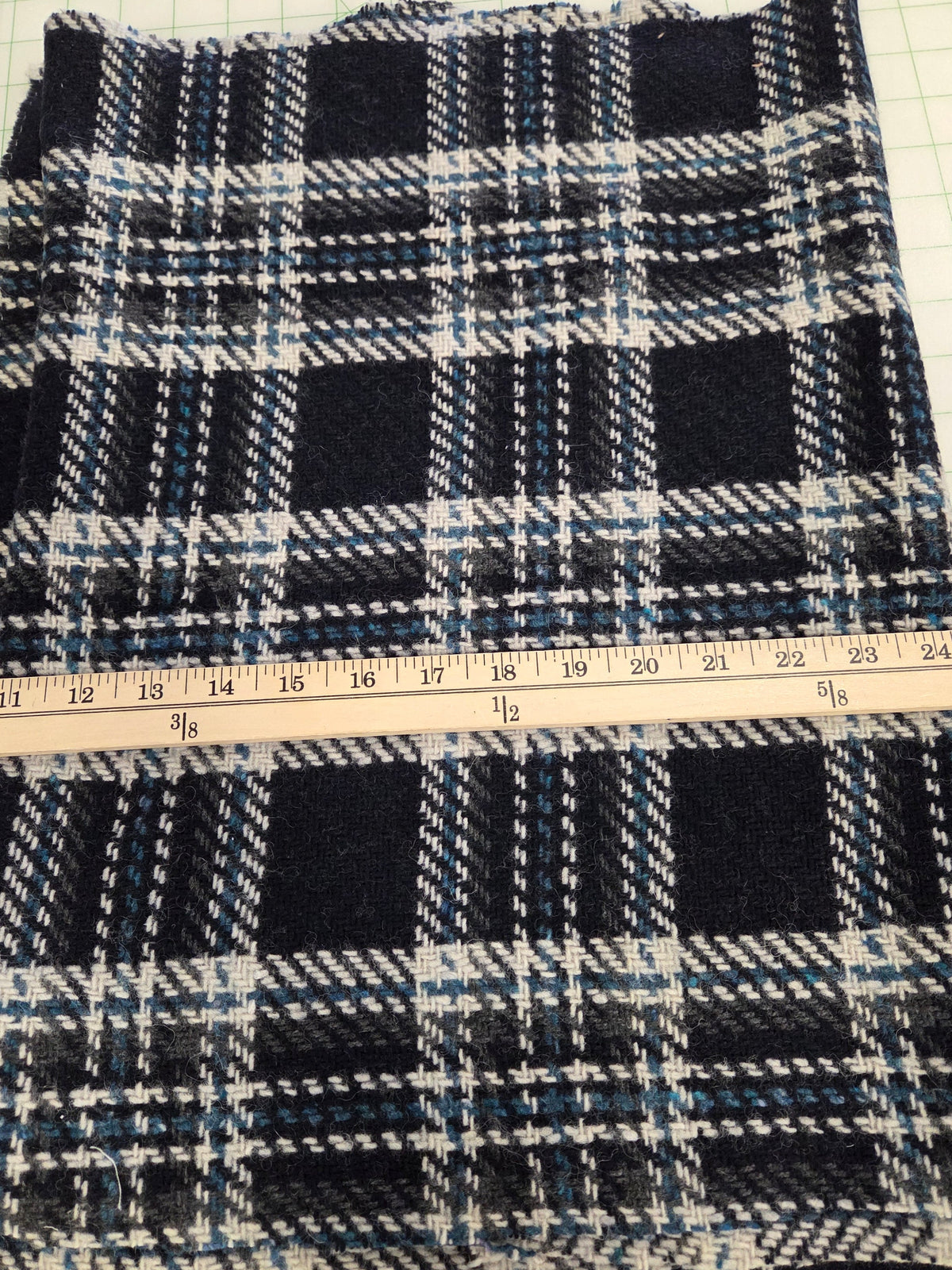 Italian Designer Deadstock Plaid Dark Navy and Cream Wool Blend Woven-by the yard