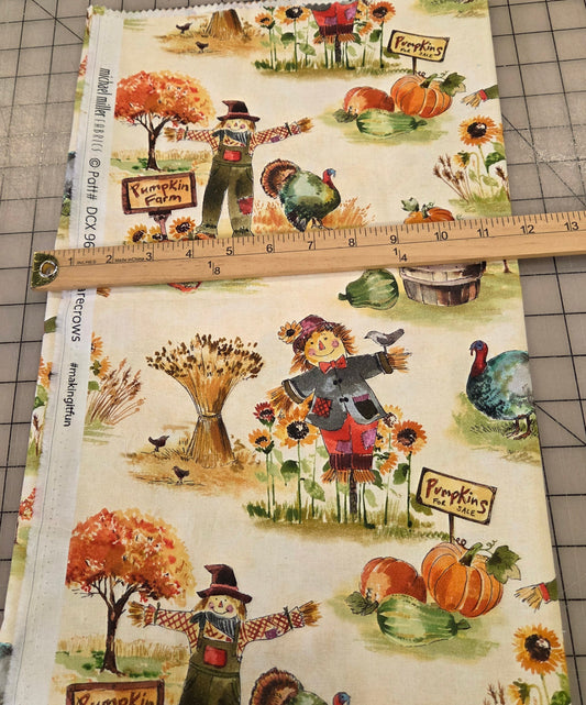 Online Quilting Cotton: 1 yard of Michael Miller Thanksgiving Scarecrows Cotton Woven- 1 yard as pictured