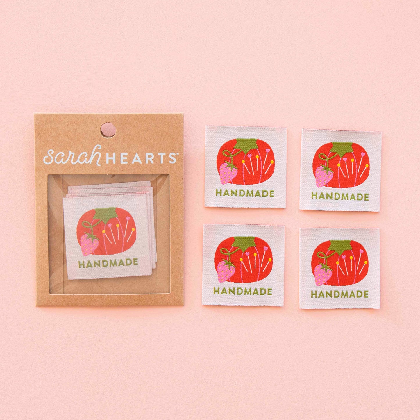 Notions: Sarah Hearts Tomato Pin Cushion Handmade Large Sewing Labels-"4.5X 4.5"- 1 pack