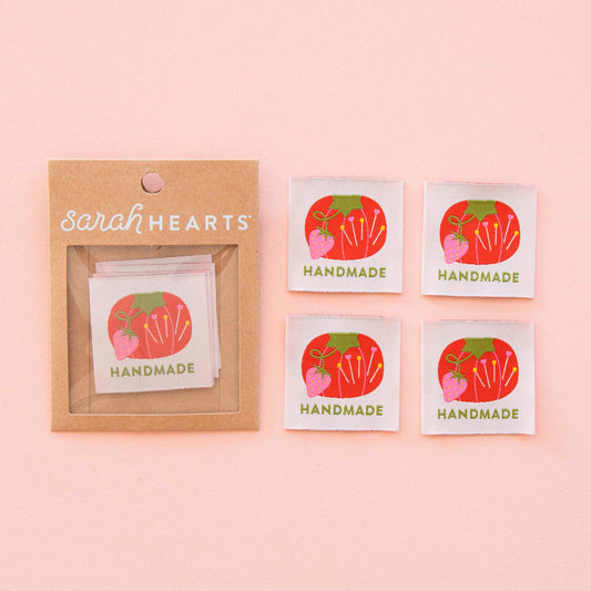 Notions: Sarah Hearts Tomato Pin Cushion Handmade Large Sewing Labels-"4.5X 4.5"- 1 pack