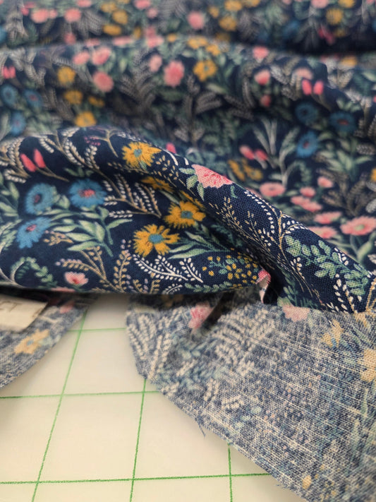 Japan Fabric: Cotton Linen Meadow Floral Medium Navy and Yellow Woven- by the yard