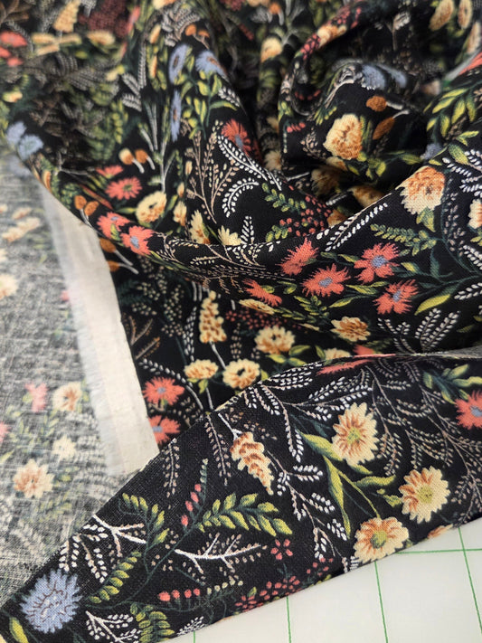 Japan Fabric: Cotton Linen Meadow Floral Dark Navy and Coral Woven- by the yard