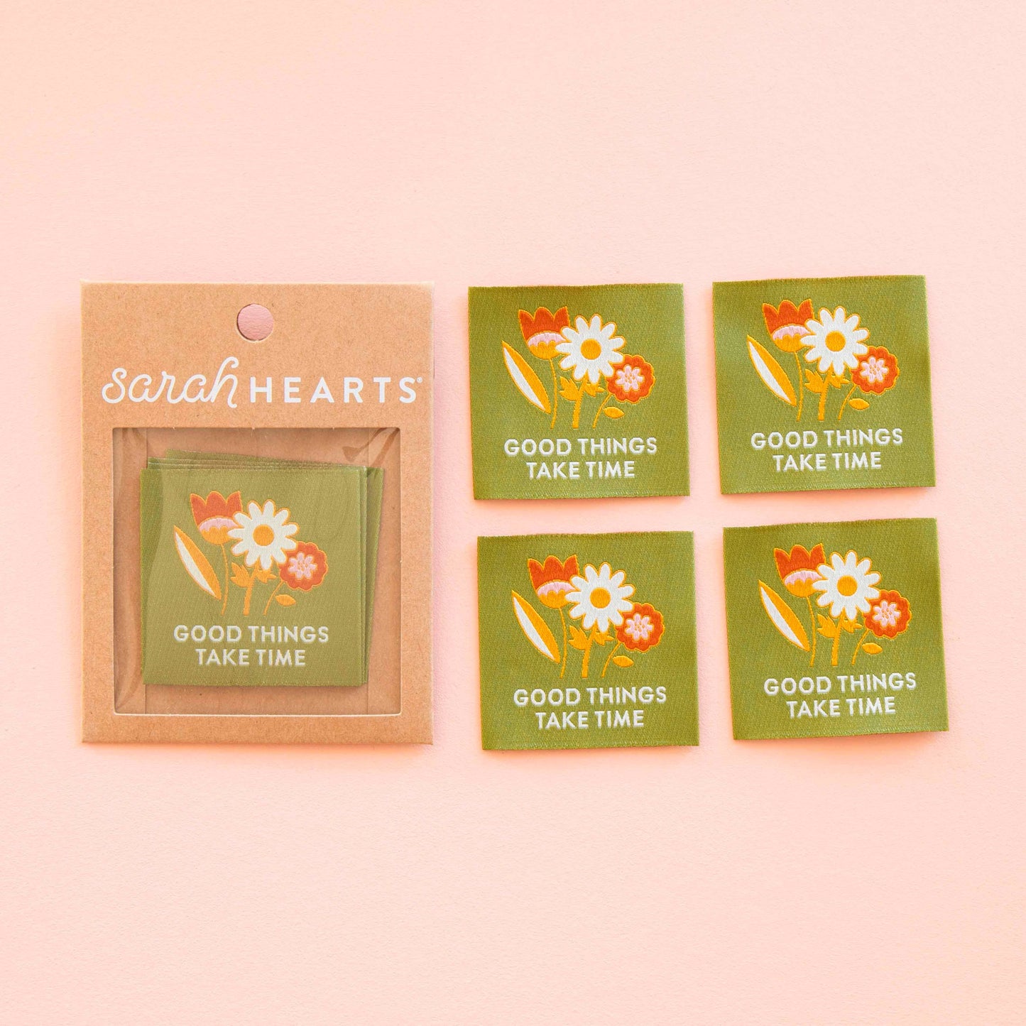 Notions: Sarah Hearts Labels: Good Things Take Time Woven Sewing and Quilting Labels - 1 pack