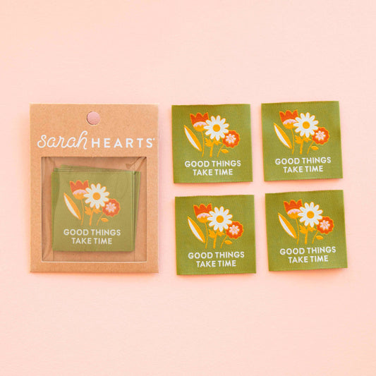 Notions: Sarah Hearts Labels: Good Things Take Time Woven Sewing and Quilting Labels - 1 pack