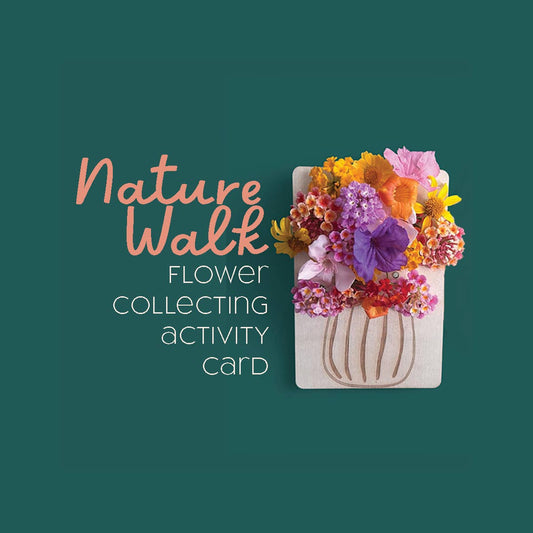 Flower collecting activity card with colorful flowers on a green background