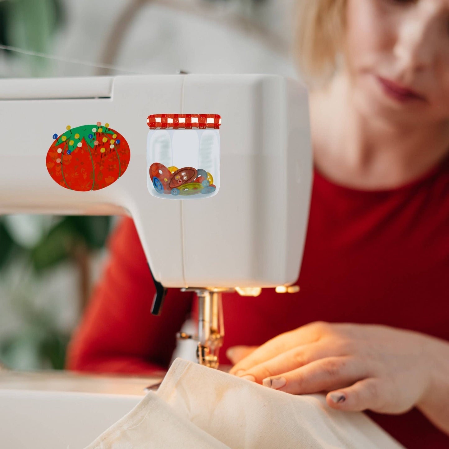 Stickers and Stationery: Red Pin Cushion Vinyl Sticker- (2.6"x 2.2")