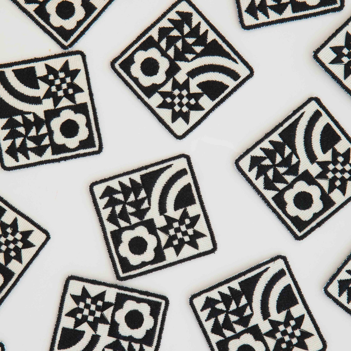 Notions: Sarah Hearts Woven Black Quilt Block Iron-On Patch- 1 pack