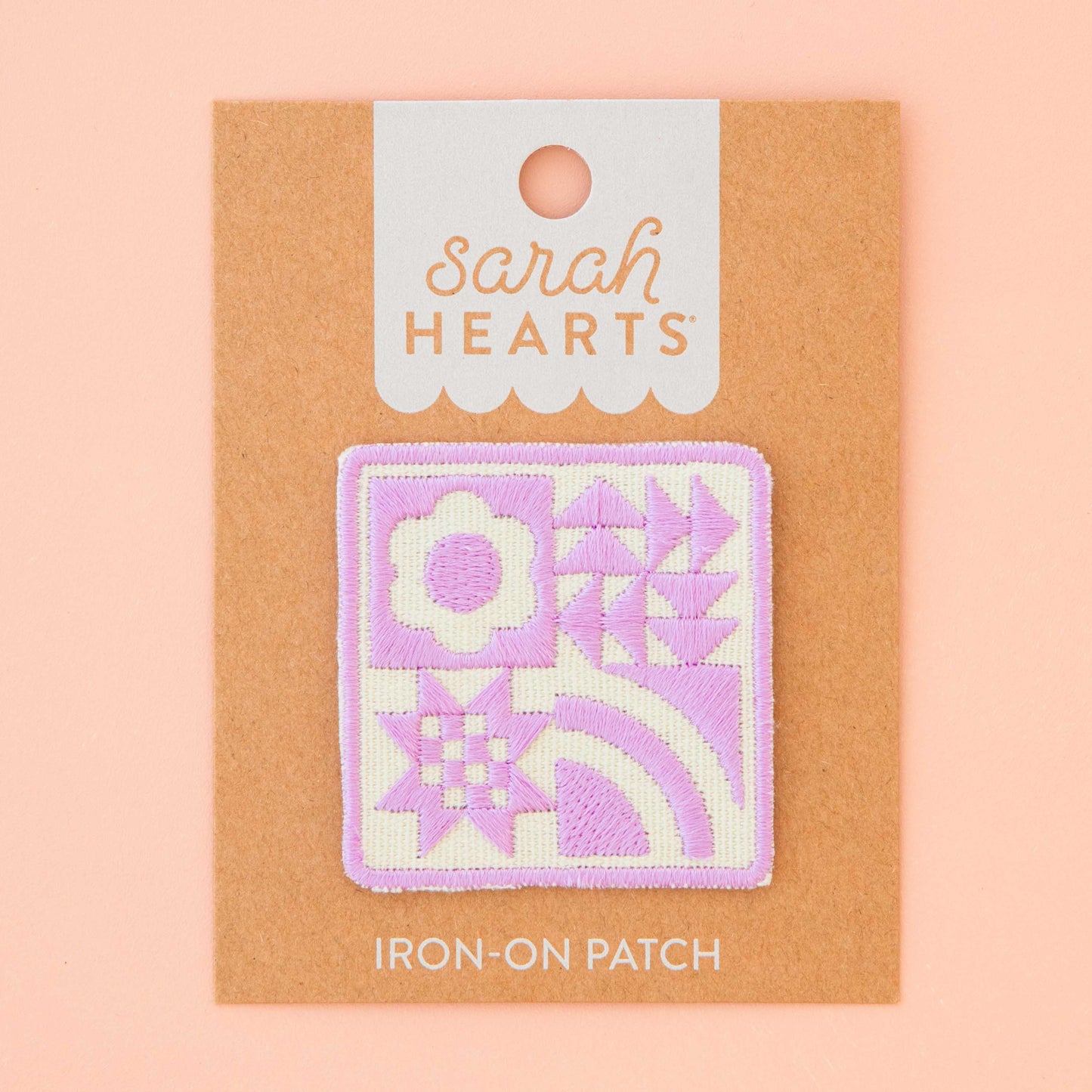 Notion: Sarah Hearts Woven Lavender Quilt Block Iron-On Patch- 1 pack
