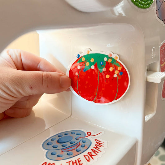 Stickers and Stationery: Red Pin Cushion Vinyl Sticker- (2.6"x 2.2")