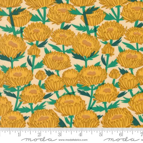 Patterned fabric with yellow flowers and green leaves, featuring a Moda label at the bottom.