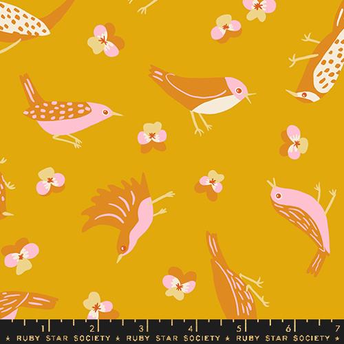 Moda Fabrics: Ruby Star Society Bird is the Word "Storytime" Birds Goldenrod Cotton Woven by Kimberly Kight-by the half yard