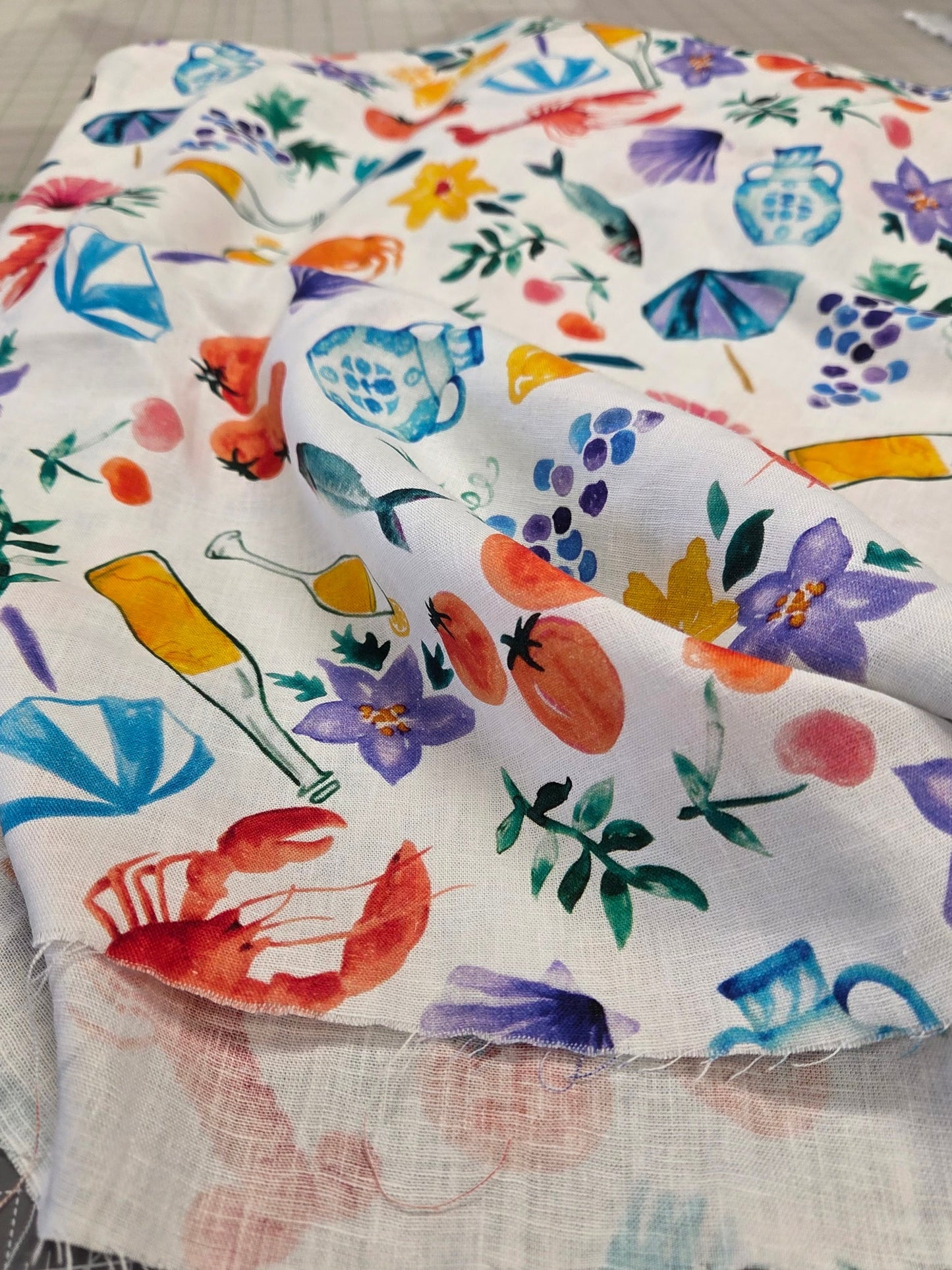 Designer Deadstock Cotton Linen Lobster and Wine in Amalfi Woven- by the yard