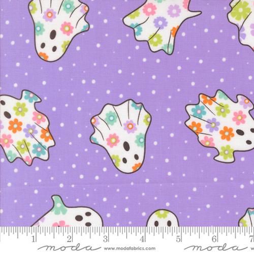 Moda Fabrics: Halloween Fabric Grape Soda Hue Fab Boo Lous Dancing Ghosts and Dots Quilting Cotton Woven- by the half yard