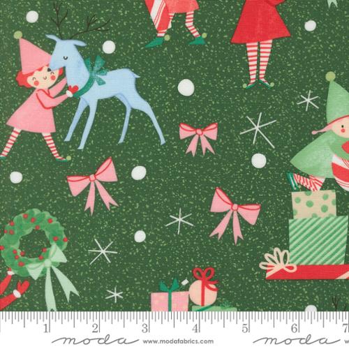 Christmas-themed fabric pattern with elves, reindeer, bows, and wreaths on a green background.
