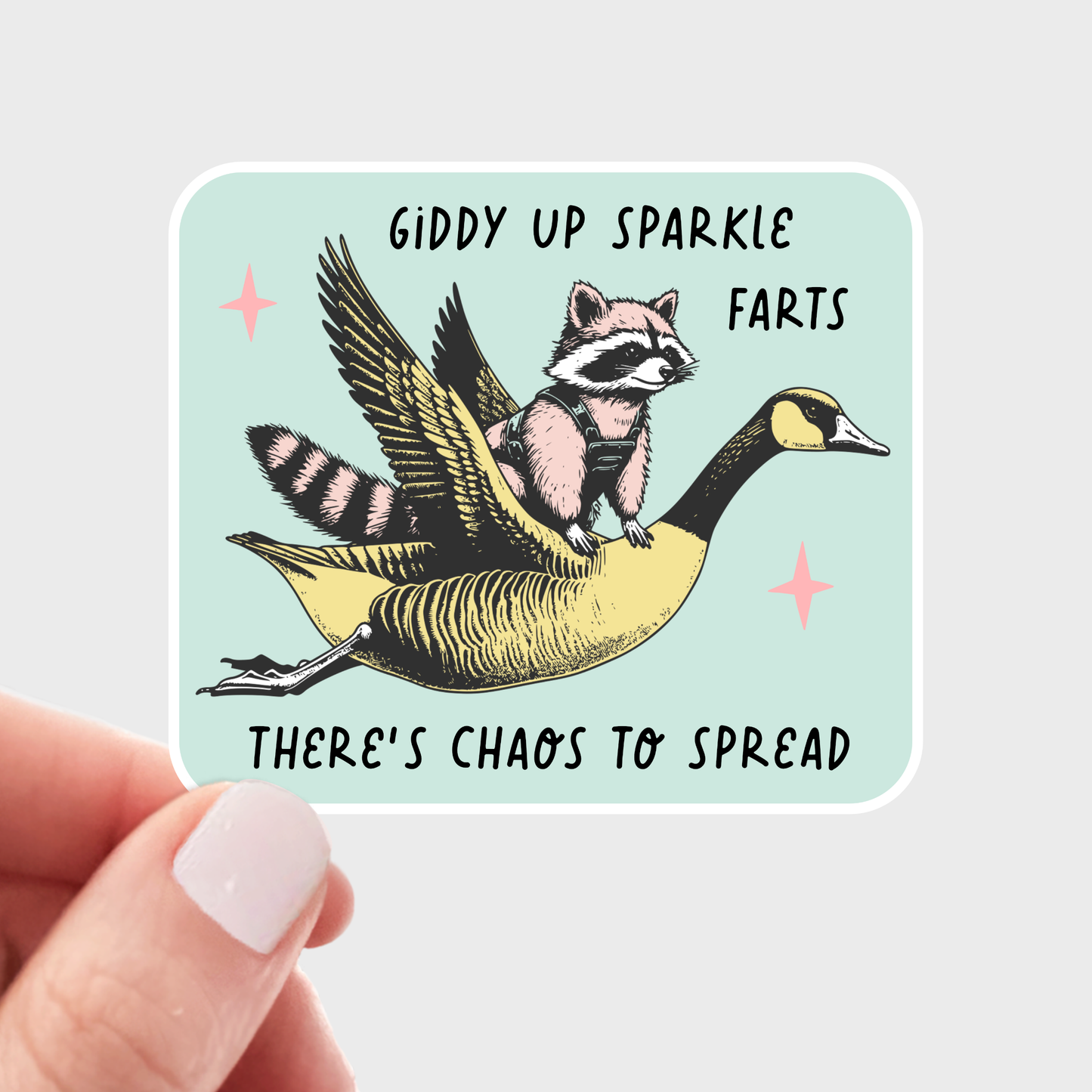 Stickers and Stationary: Giddy Up Sparkle Farts Featuring a Racoon and Goose Flying Together Sticker