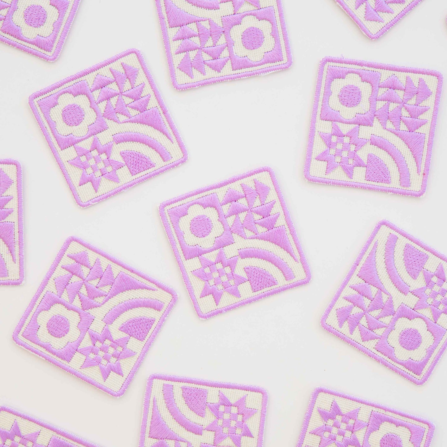 Notion: Sarah Hearts Woven Lavender Quilt Block Iron-On Patch- 1 pack