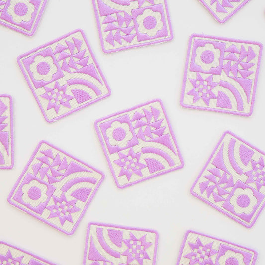 Notion: Sarah Hearts Woven Lavender Quilt Block Iron-On Patch- 1 pack