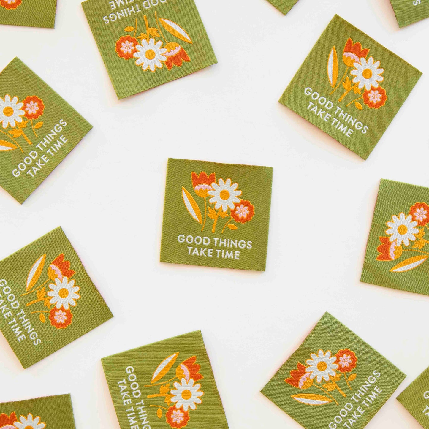 Notions: Sarah Hearts Labels: Good Things Take Time Woven Sewing and Quilting Labels - 1 pack