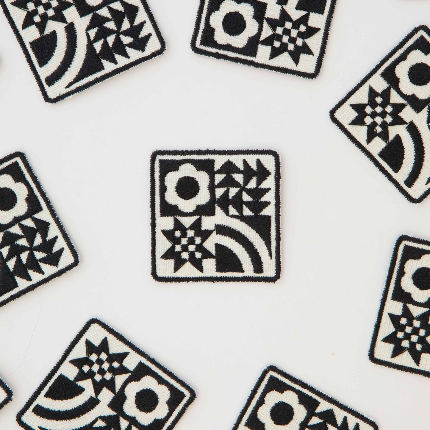 Notions: Sarah Hearts Woven Black Quilt Block Iron-On Patch- 1 pack