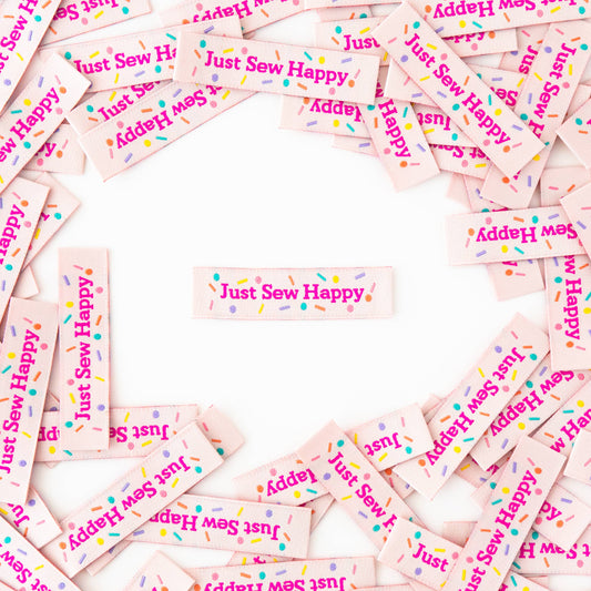 Notions: Sarah Hearts Label Just Sew Happy - Sewing Woven Clothing Label Tags -1 pack