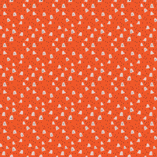 Pattern of small ghost faces on an orange background