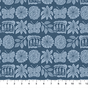 Figo Fabrics: Folk Tale Floral and Butterflies Blue Cotton Woven- by the Half Yard