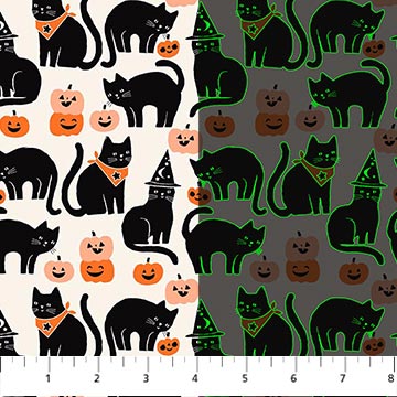 Halloween Fabrics: Northcott Sweet Treats Glow in the Dark Cats and Pumpkins Cotton Woven-by the Half Yard