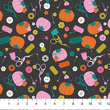 Northcott Fabrics : Sarah Hearts Bits & Bobs Black Notions by Figo Cotton Woven- by the half yard