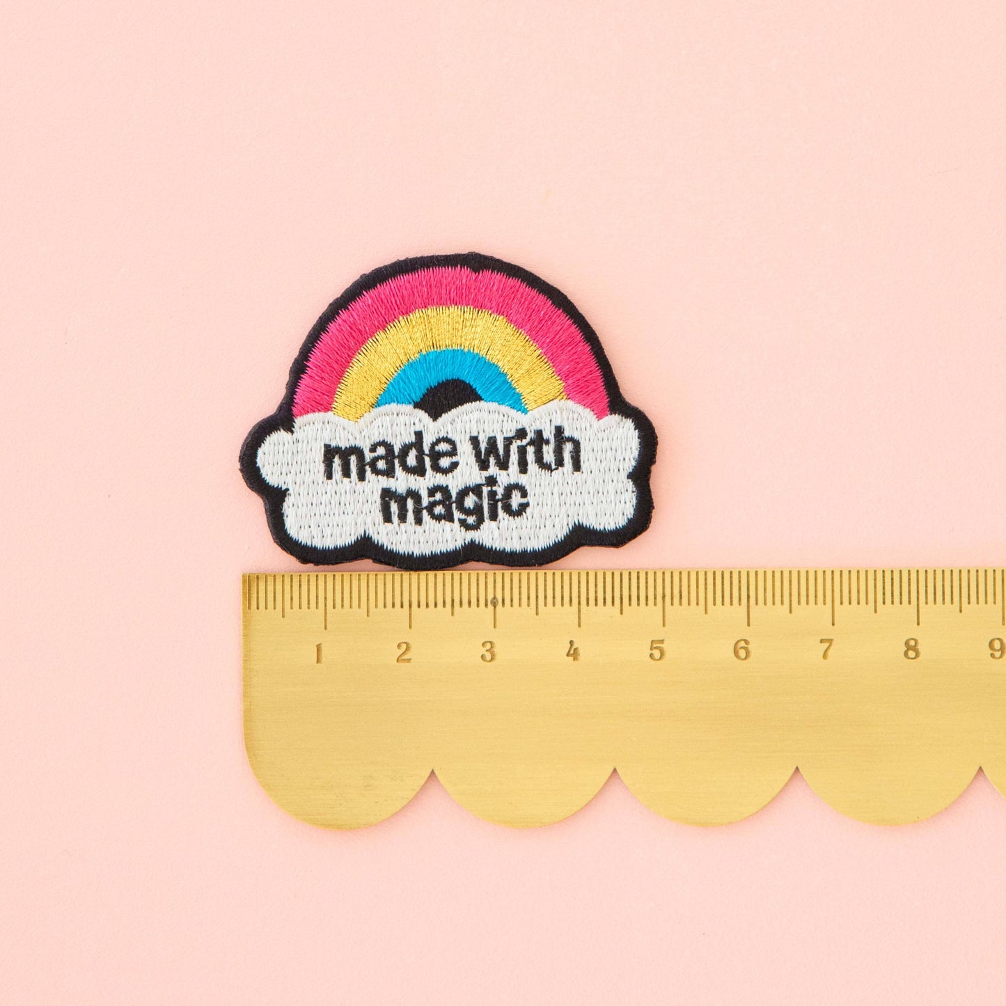 Notions: Sarah Hearts Woven Made with Magic Rainbow Iron-On Patch- 1 pack