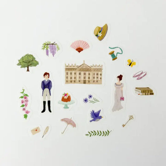 Stationary: Pride and Prejudice Curious Library Washi Stickers -3 sheets 4.36”x3.31”/ 40 Stickers