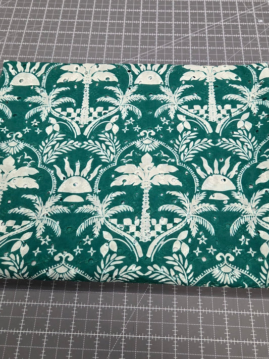 Designer Deadstock Bohemian Summer Sun & Palm Trees Green Cotton Eyelet Woven- by the yard