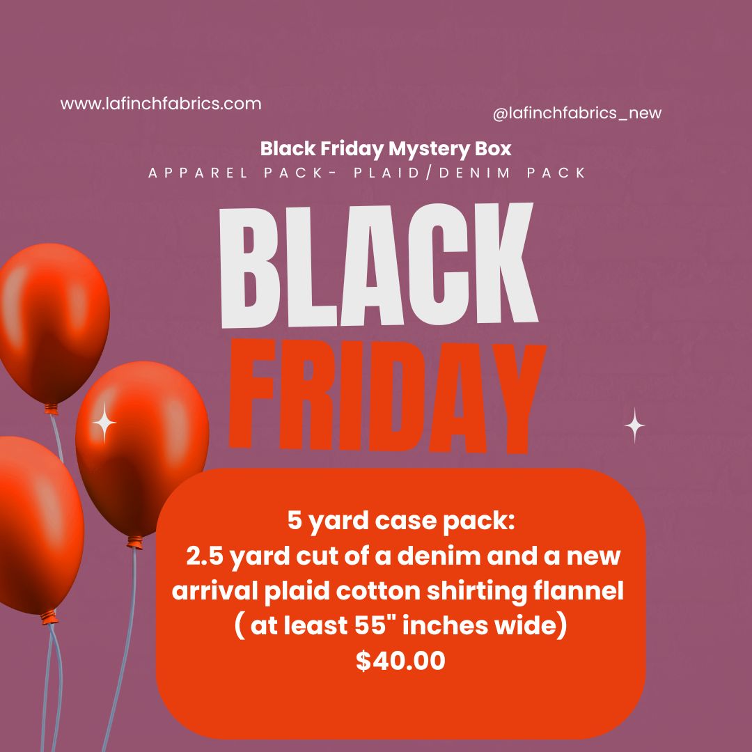 Black Friday Promo Mystery Pack: 5 yard case pack of New Arrivals-Apparel Denim and Plaid Shirting Woven 2.5 yard cuts- Assorted