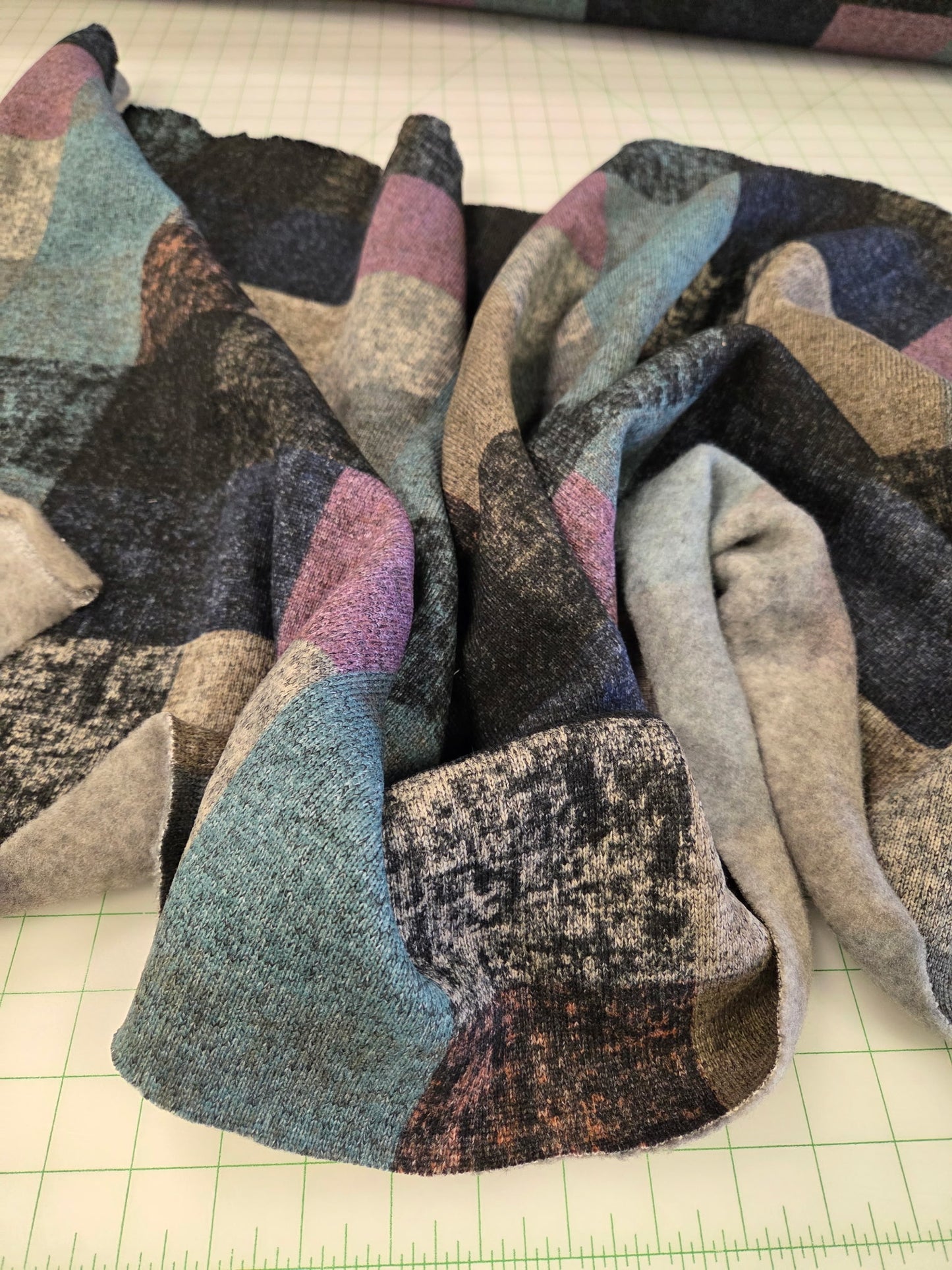 Designer Deadstock Apparel Hacci Overlapping Blocks Purple and Blue Printed Soft Fleece Knit- by the yard