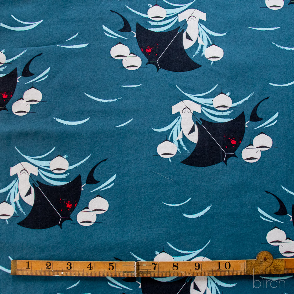 Birch Fabrics: 100% Organic Cotton Poplin Shark Feast by Charley Harper 115 GSM- by the half yard