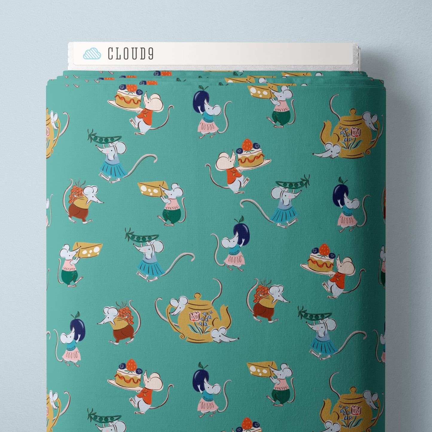 Cloud9 Fabrics: House Mouse Afternoon Tea in Teal by Louise Cunningham Organic Cotton- by the half yard