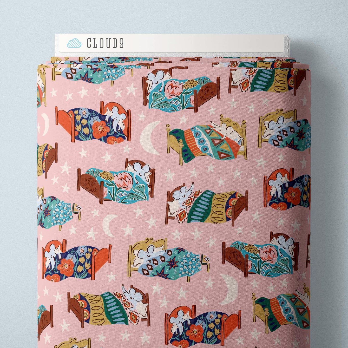 Cloud9 Fabrics: House Mouse Bedtime in Pink by Louise Cunningham Organic Cotton- by the half yard