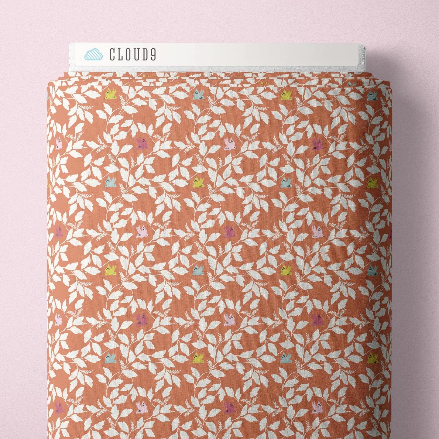 Cloud9 Fabrics: Meadow Melody Birds and Leaves Coral Organic Cotton Woven- by the half yard