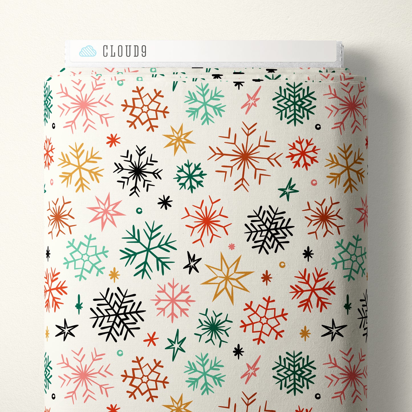 Cloud9 Fabrics:Merry & Mod Holiday Frosted and Bright Snowflakes 4.8oz Organic Cotton Woven- by the Half Yard