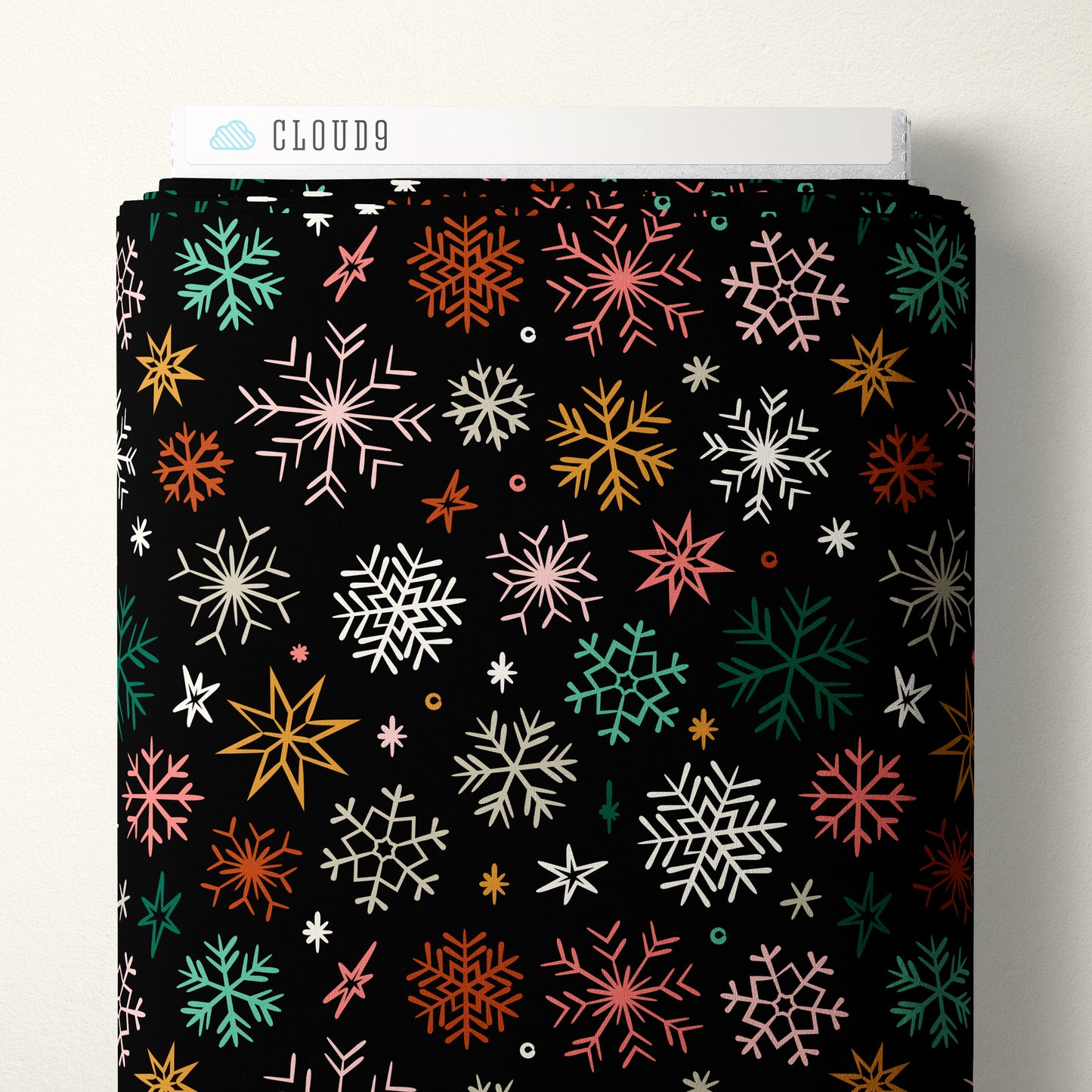 Cloud9 Fabrics:Merry & Mod Holiday Frosted and Bright Snowflakes Black 4.8oz Organic Cotton Woven- by the Half Yard