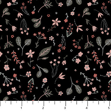Figo Fabrics: Nature Trails Black and Pink Leaves Rayon Challis Woven- by the Half Yard