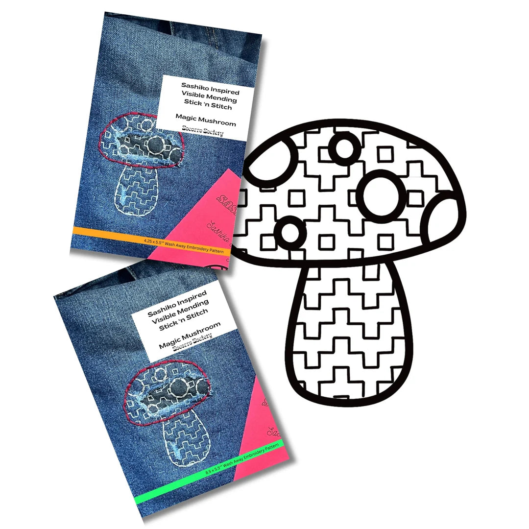 Sashiko Collection: Magic Small Mushroom- Visible Mending Stick and Stitch Adhesive Pattern(4.25"X 5.5")- 1 pack