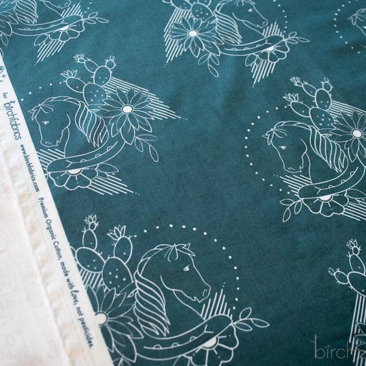 Birch Fabrics: Organic Cotton Trigger Silver Pine Western Horse Portrait Poplin 115 GSM Woven- Price by the Half yard