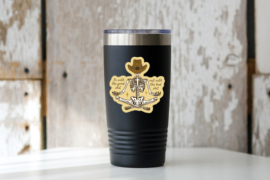 Stickers and Stationary: In With the Good Shit Out With the Bad Shit Cowboy Western Hat Skeleton Sitting Pose Sticker - (2.96” x 3”)