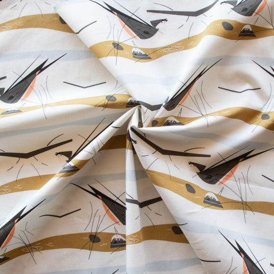 Organic Premium Tufted Titmouse Snow Cotton Poplin by Charley Harper for Birch Fabrics- by the half yard