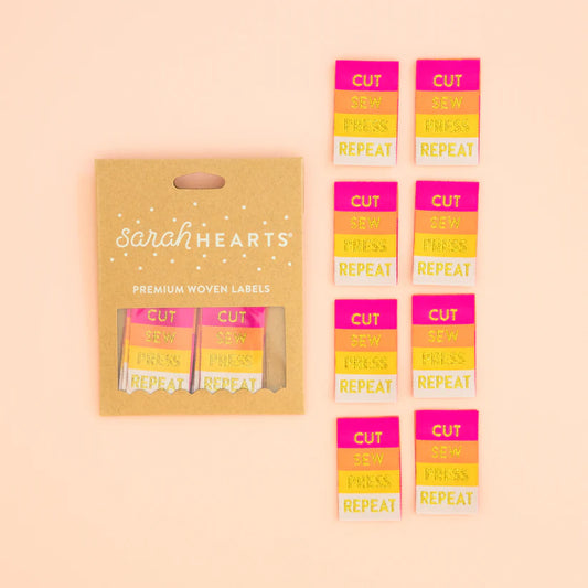 Notions: Sarah Hearts Labels "Cut Sew Press Repeat"- 1 Pack