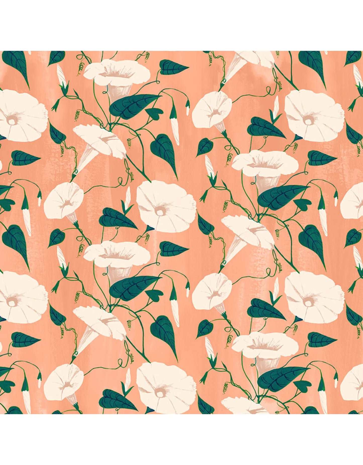 Floral pattern with white flowers and green leaves on a peach background